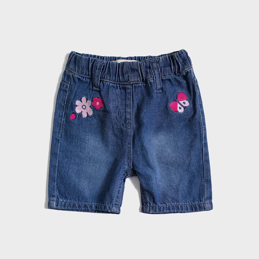 Girls Blue Embroidered Denim Short With Adjuster - Brands River
