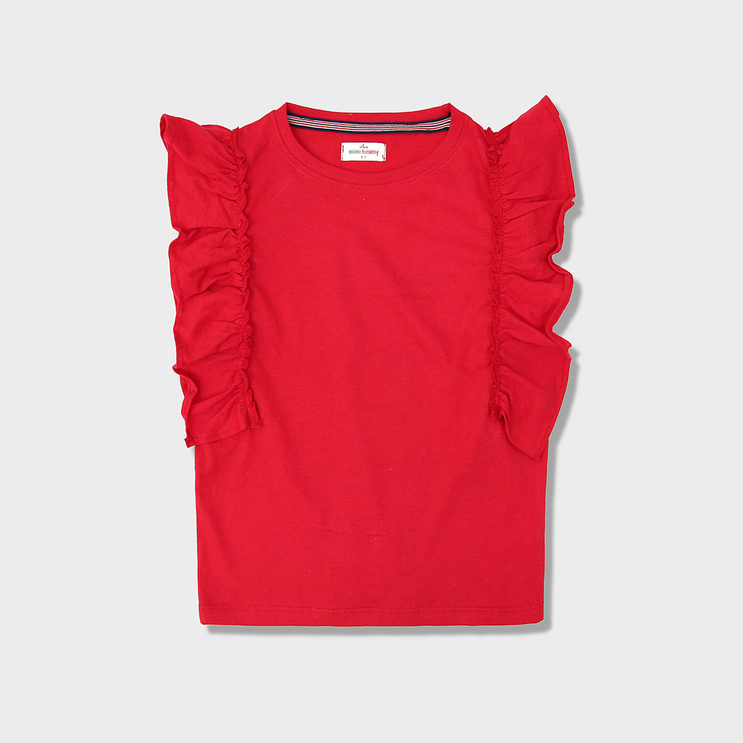 Girls Soft Cotton Frill Shoulder Red T-Shirt