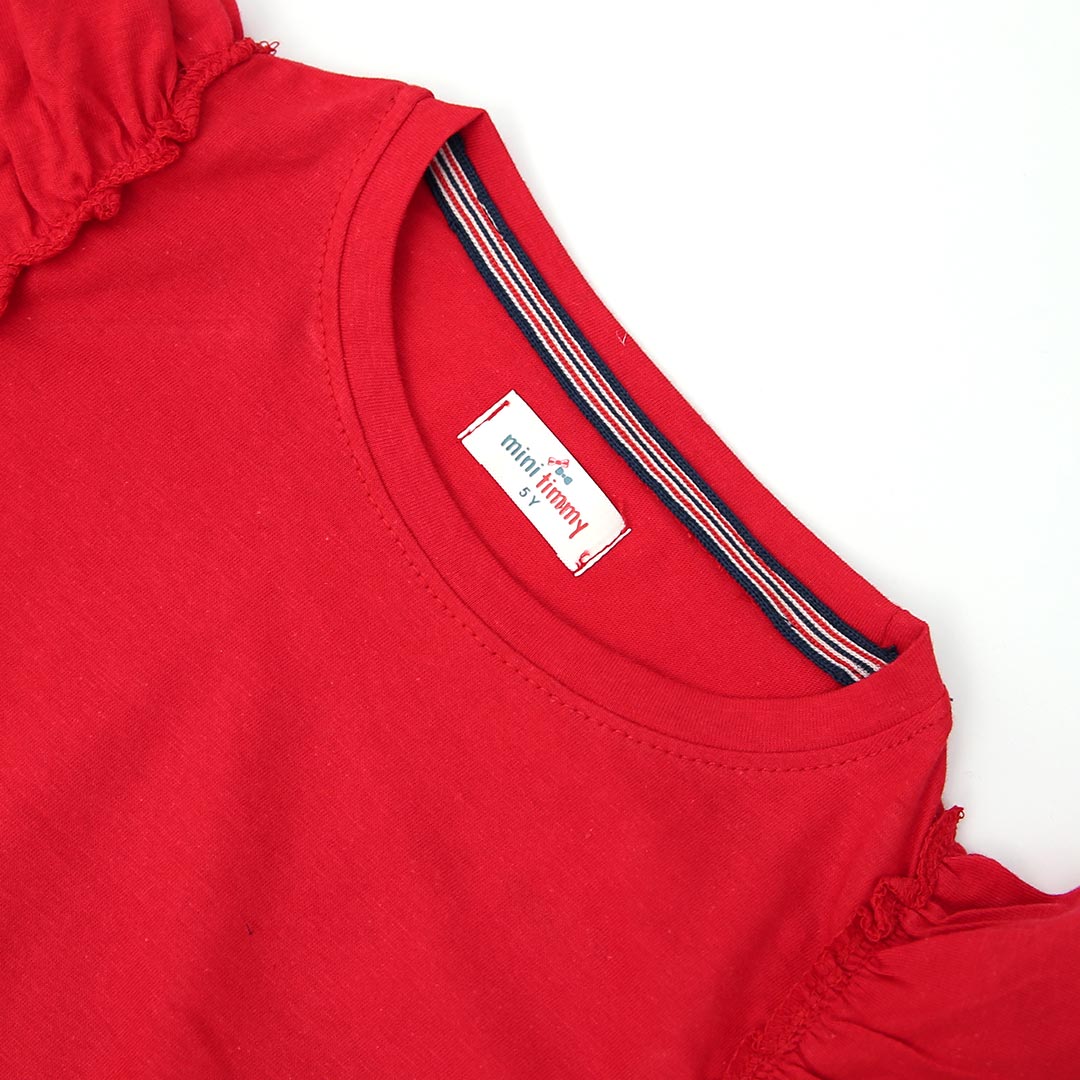 Girls Soft Cotton Frill Shoulder Red T-Shirt