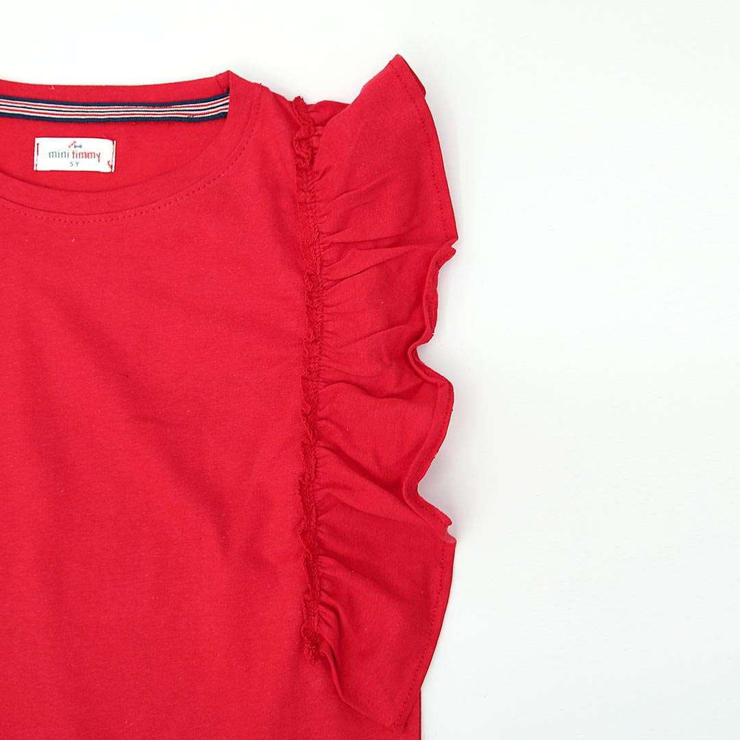 Girls Soft Cotton Frill Shoulder Red T-Shirt