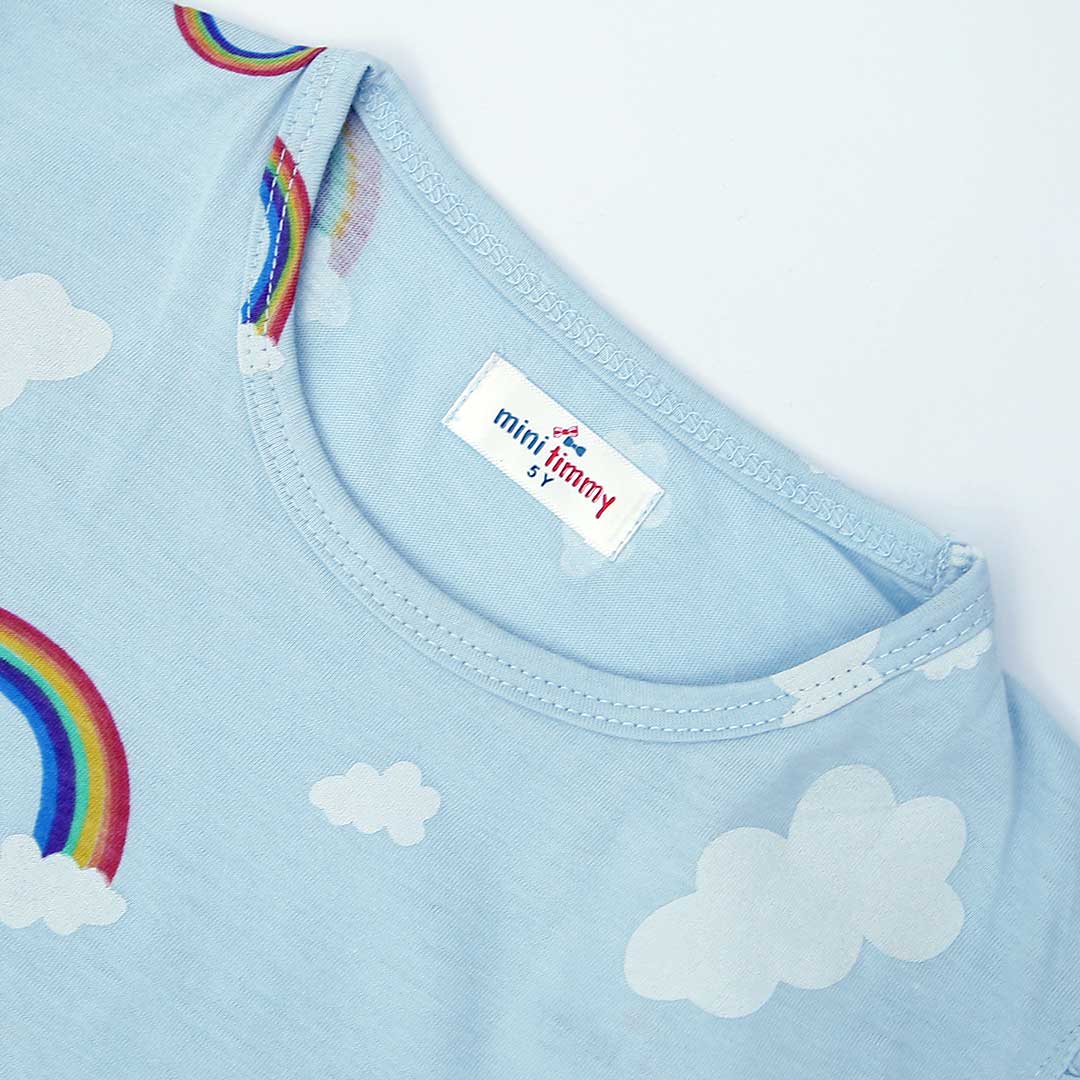 Girls All-Over Printed Soft Cotton Sky Blue T-Shirt