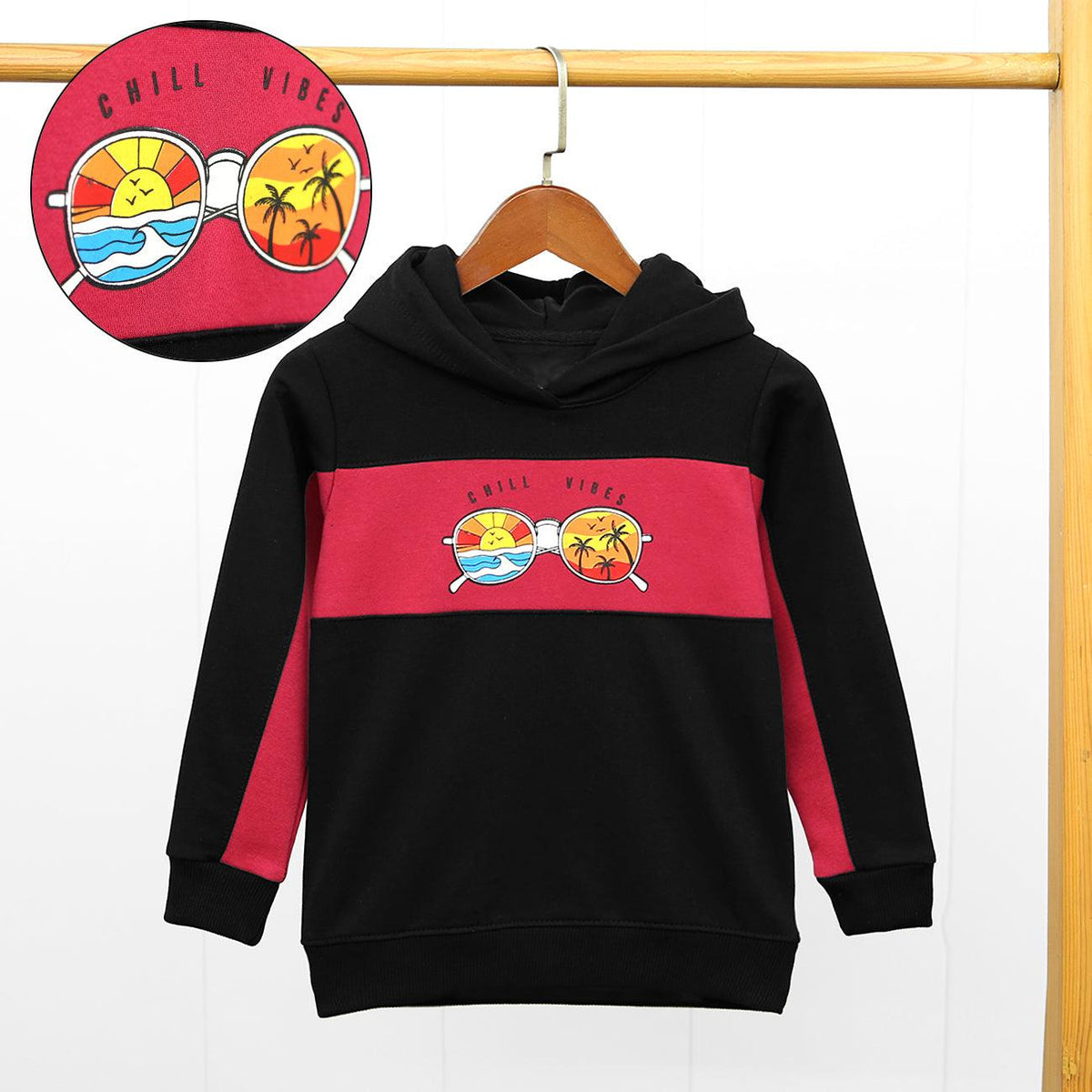 Color Block &quot;Chill Vibes&quot; Printed Fleece Hoodie For Kids - Brands River