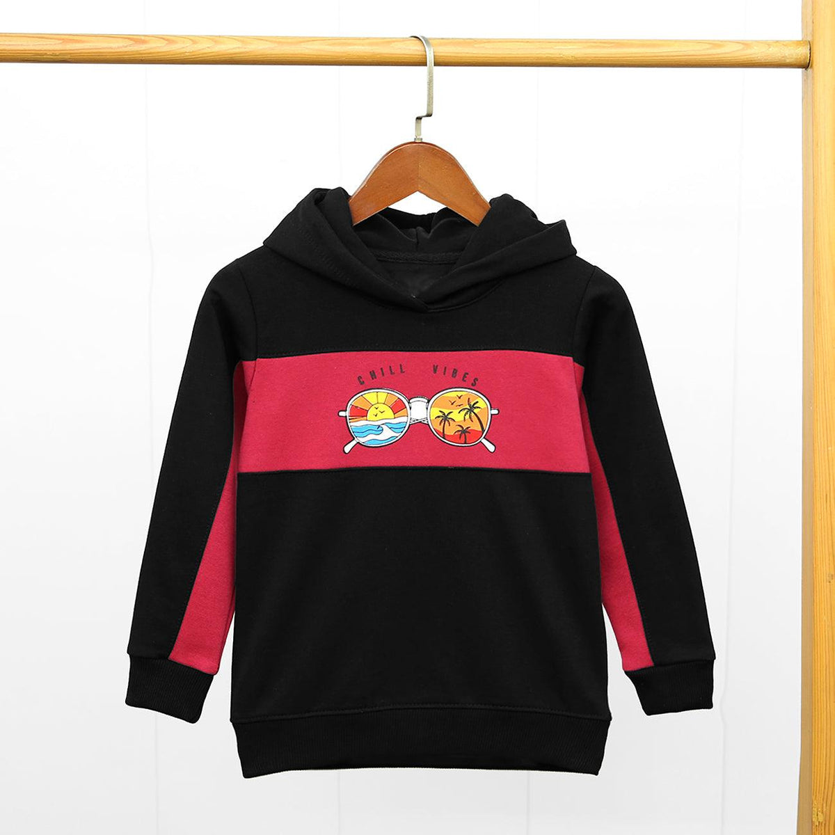 Color Block &quot;Chill Vibes&quot; Printed Fleece Hoodie For Kids - Brands River