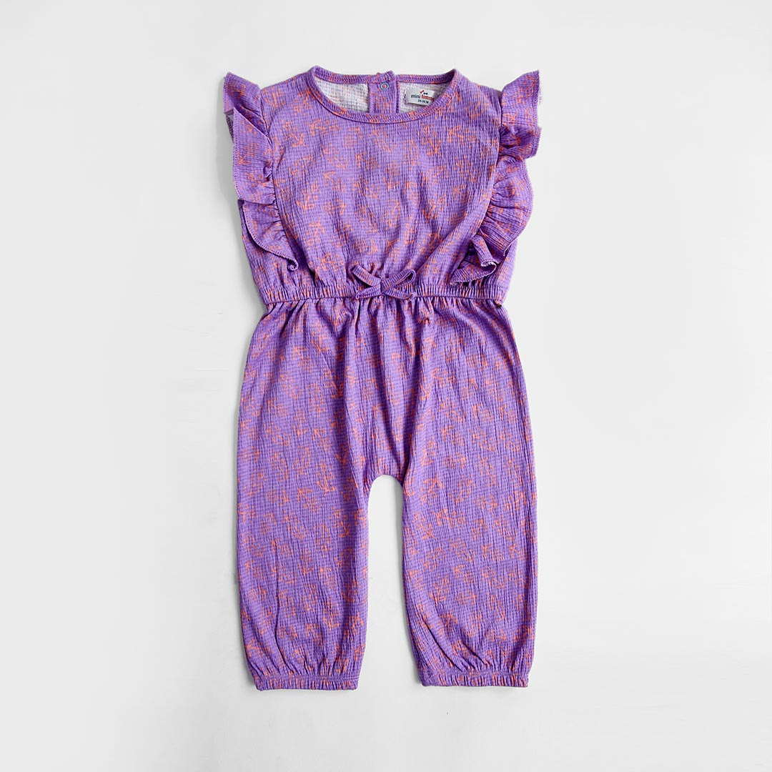 Imported Self Print Purple Frill Jumpsuit For Girls