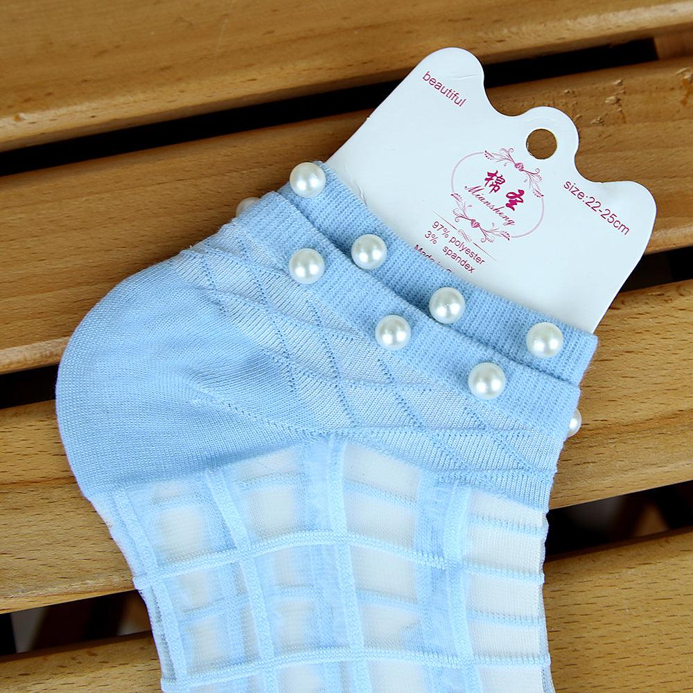 Fashion Women pearl decorated Striped Pattern Ankle socks - Brands River
