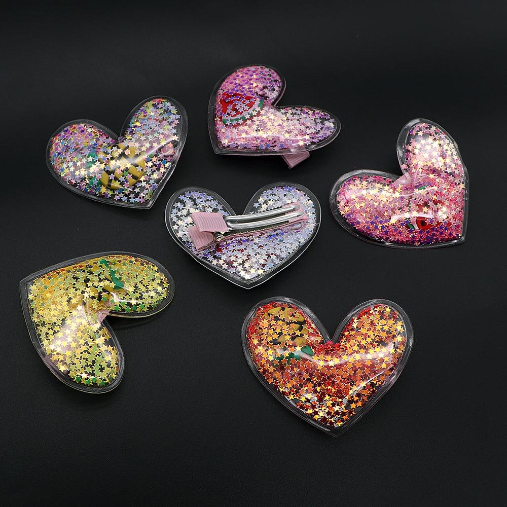 Heart Shaped Sparkle filled Alligator Hair Pins - Brands River