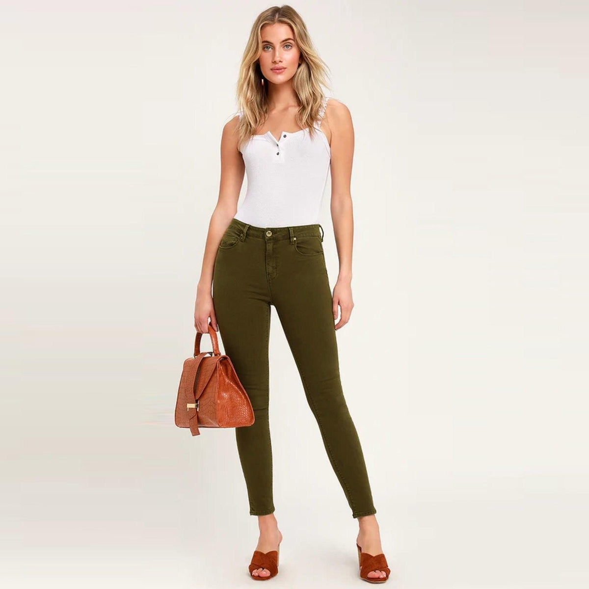 Women olive &#39;super skinny&#39; stretch jeans (LE-2119) - Brands River